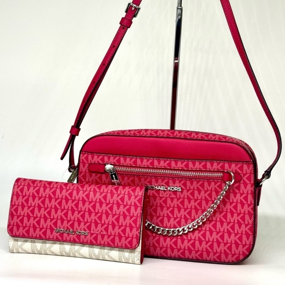 Michael Kors Large EW Crossbody Bag & Matching Trifold Wallet Dark Raspberry - Picture 1 of 15